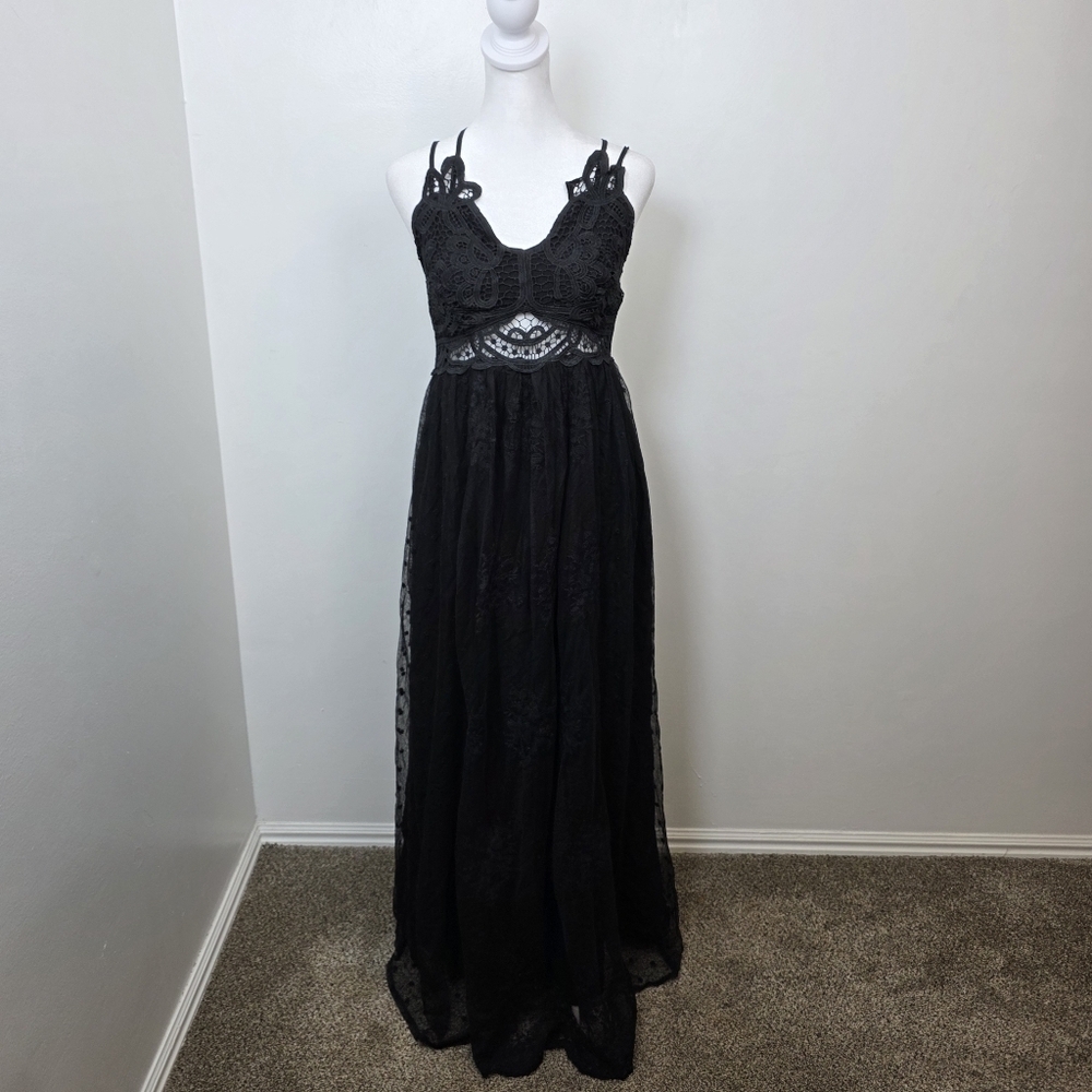LIMELUSH Black Lace Embroidered Mesh Dark Romantic‎ Maxi Whimsygoth Dress Size S